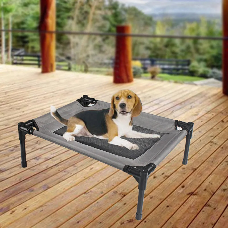 Black steel frame portable outdoor dog bed with removable Oxford cloth cover