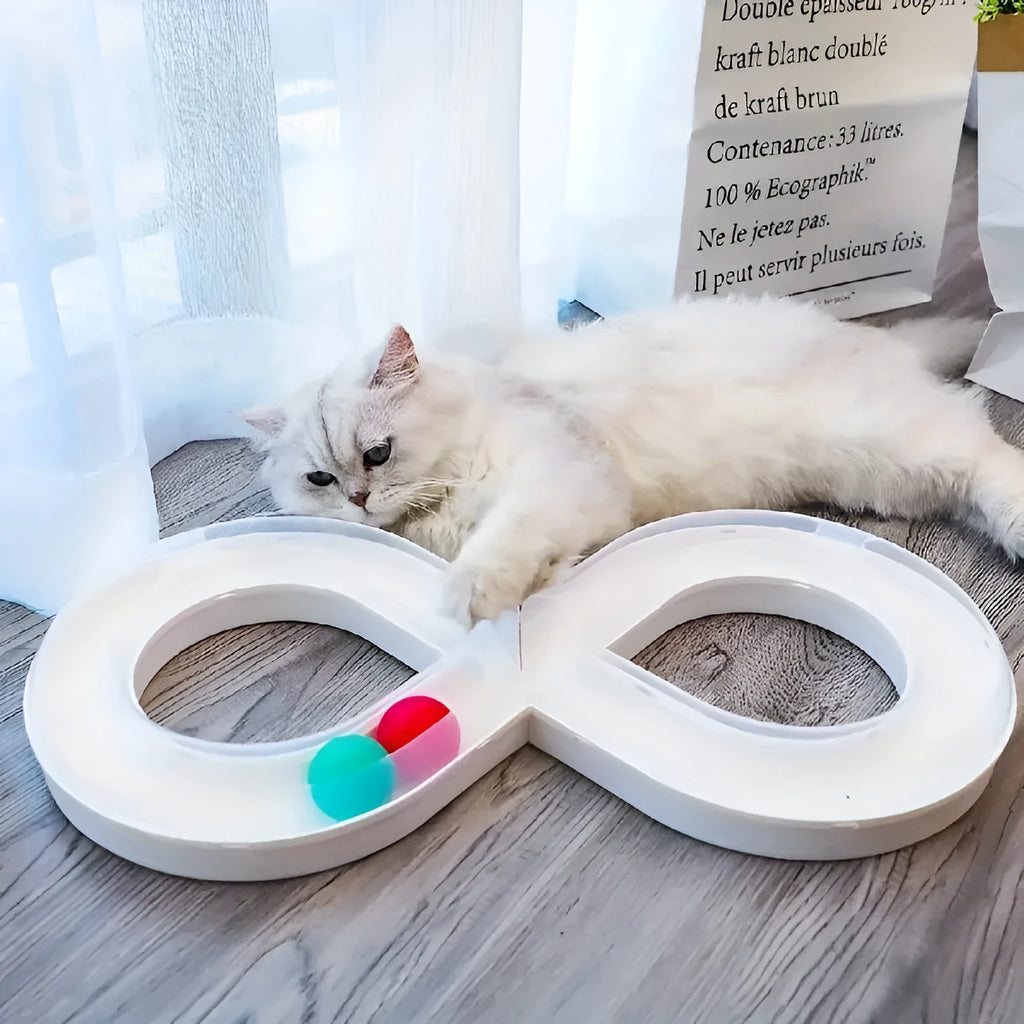 Blue and white self-moving cat turntable track toy with teasing stick for interactive play.