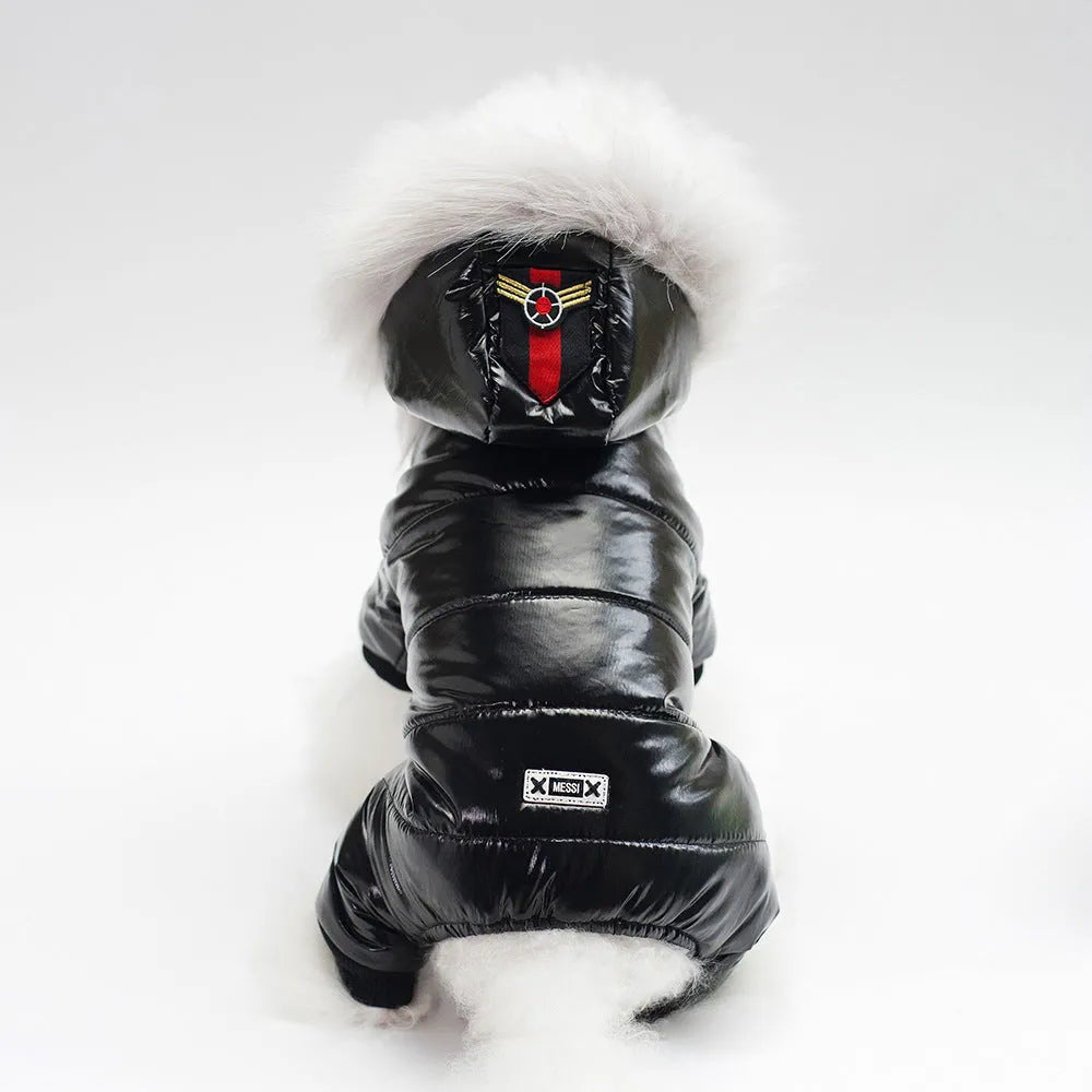 Thickened four leg cotton padded dog coat in black, red, and brown on white background