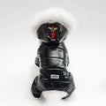 Thickened four leg cotton padded dog coat in black, red, and brown on white background