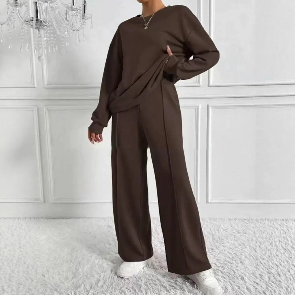 Women's cotton blend casual trousers twinset in solid colour with long sleeves crew neck top, six colours available