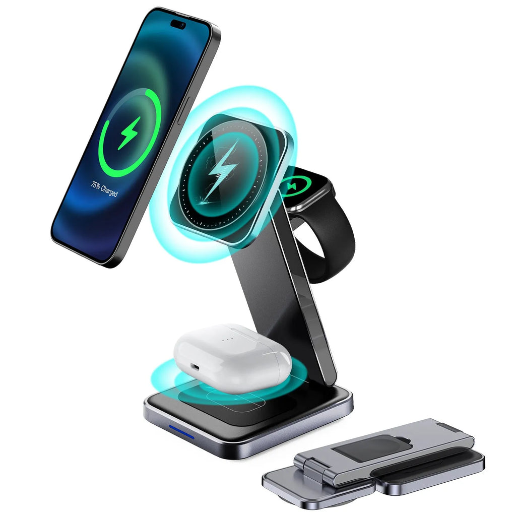 Folding alloy three-in-one wireless charger with digital display, black colour, magnetic charging, 18W output