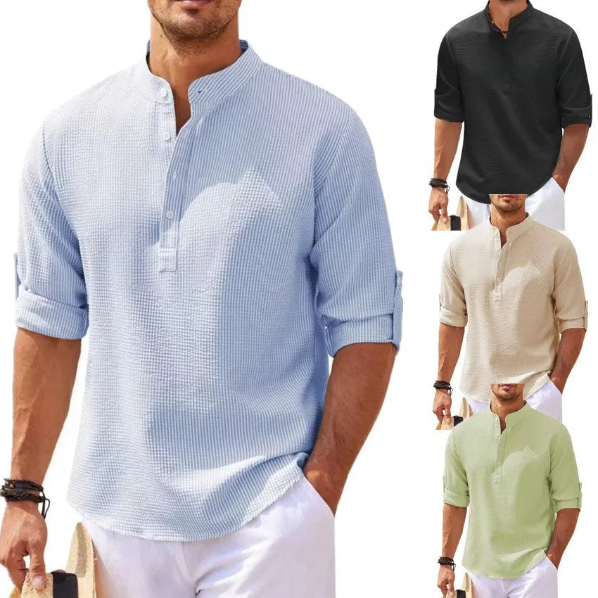 Men's stand collar pullover shirt with pineapple texture in polyester fabric, loose fit, available in multiple colours