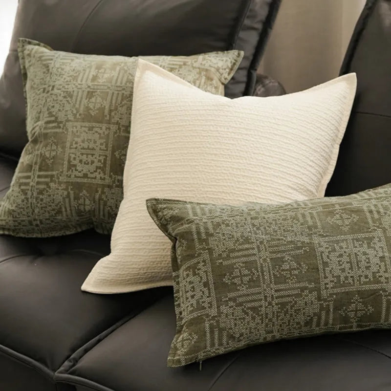 Ethnic style green natural pillowcase with feather fabric pillow core, 50x50cm, on a neutral background
