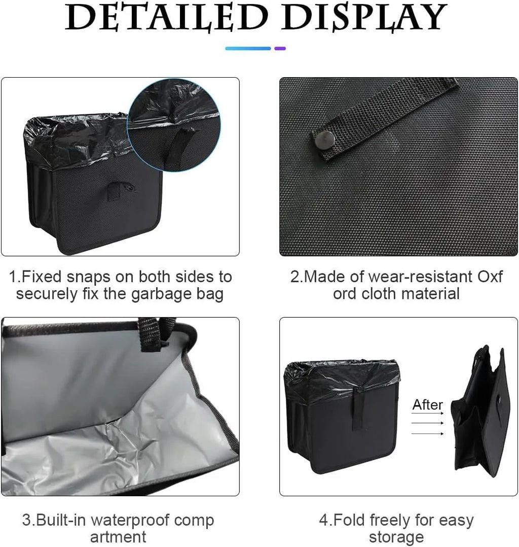 Black waterproof oxford cloth folding trash can for cars, shown with dimensions.