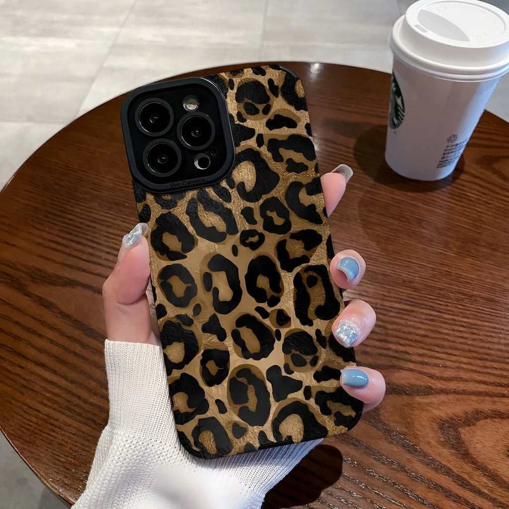 Gold leopard print all-inclusive imitation leather phone case for iPhone on a white background