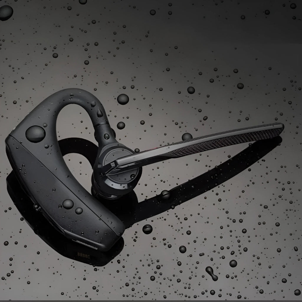 Black plastic Bluetooth sports headphones with a large battery and call function.