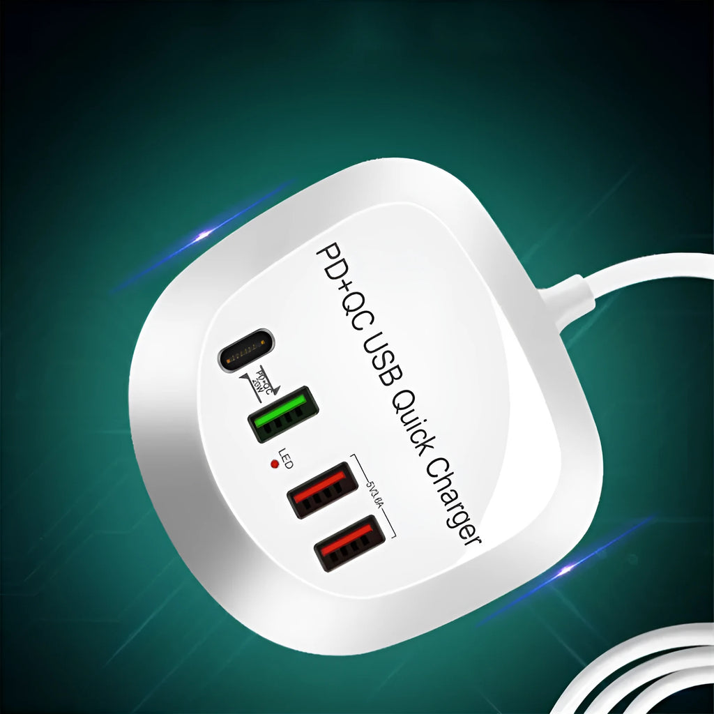 White 4-port USB charger with QC3.0, compact 90x31x86mm, with EU UK US plug adapters