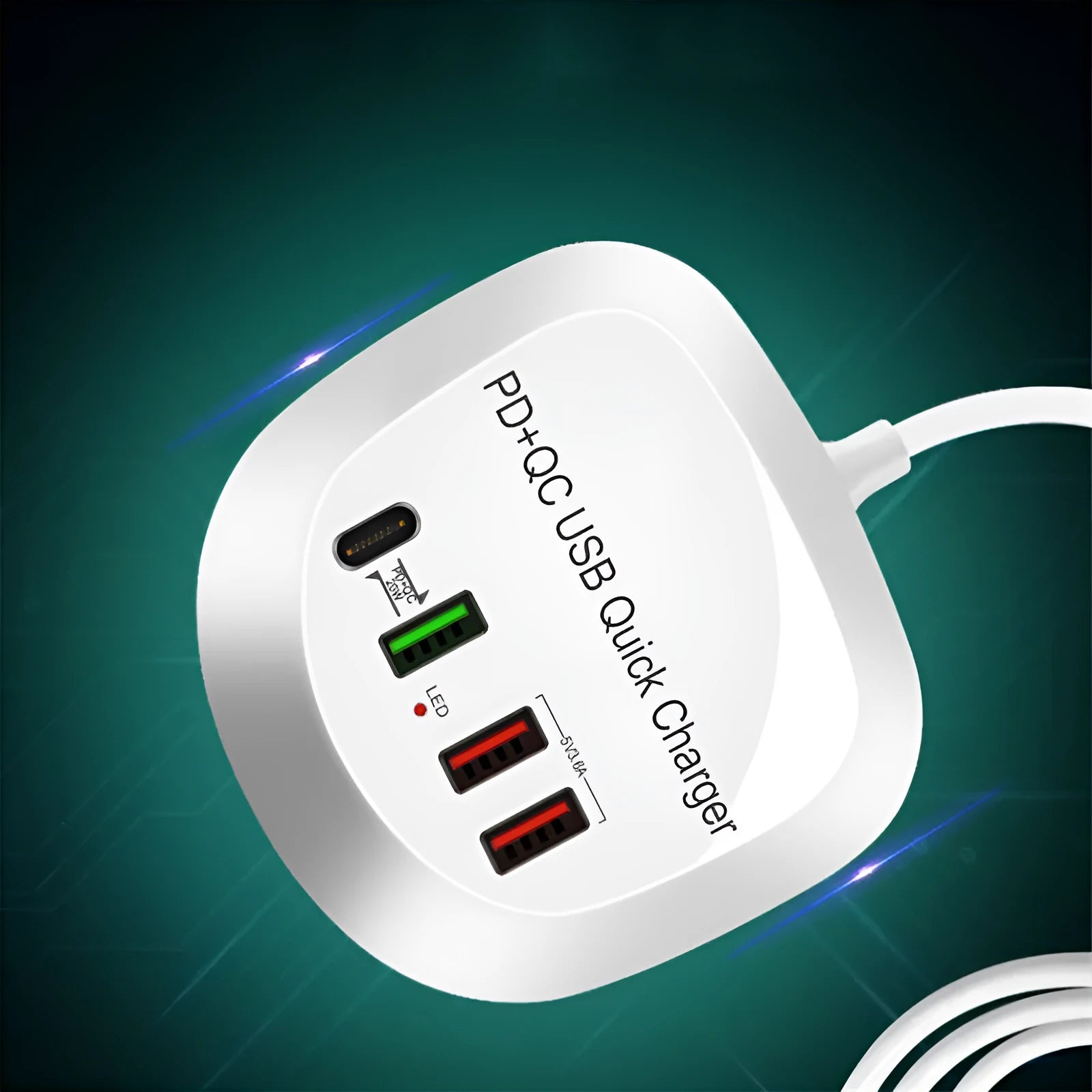 White 4-port USB charger with QC3.0, compact 90x31x86mm, with EU UK US plug adapters