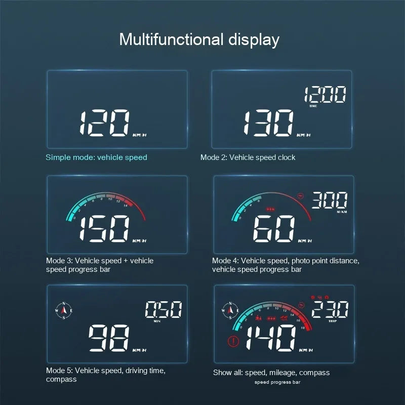 Black universal car head-up display HUD projector unit for speed and compass projection.