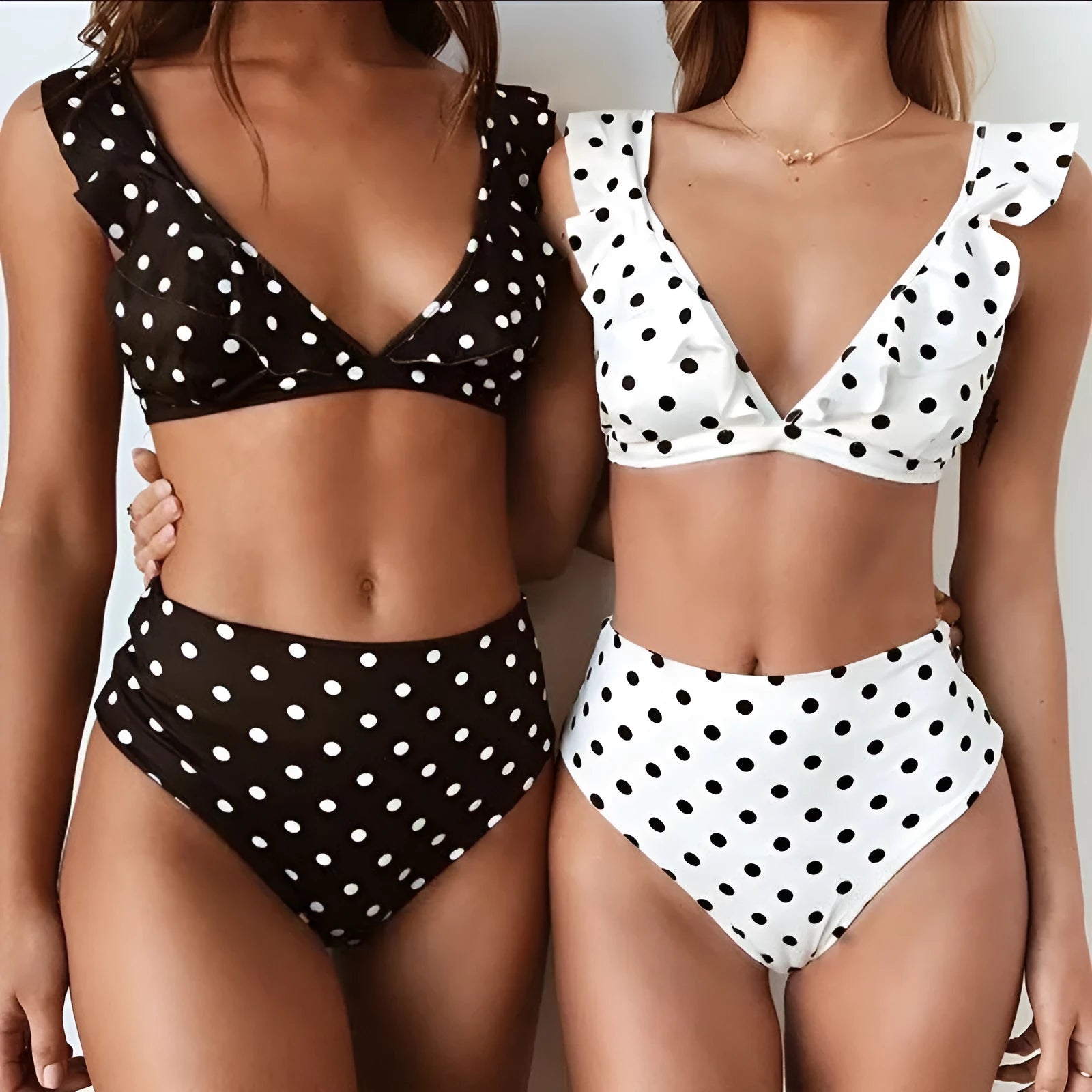 Women's polka dot print ruffled bikini set with deep V-neck top
