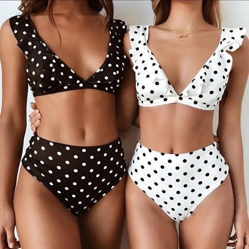 Women's polka dot print ruffled bikini set with deep V-neck top
