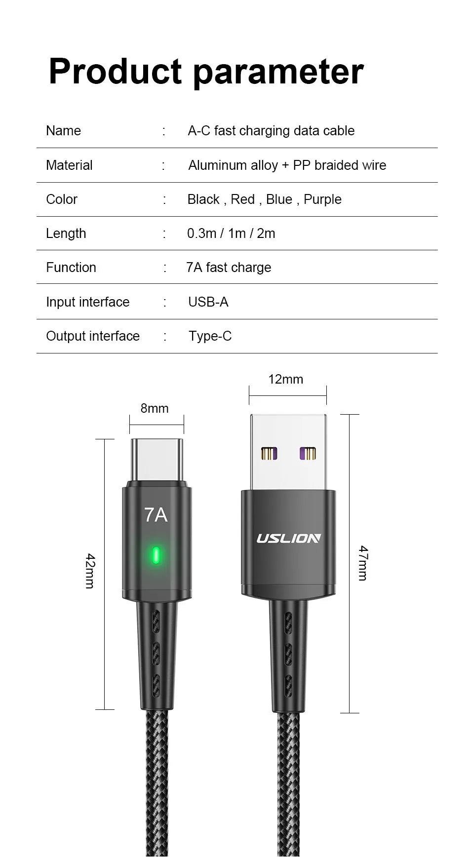 7A braided Type-C charging cable in black with aluminium alloy connector and indicator light