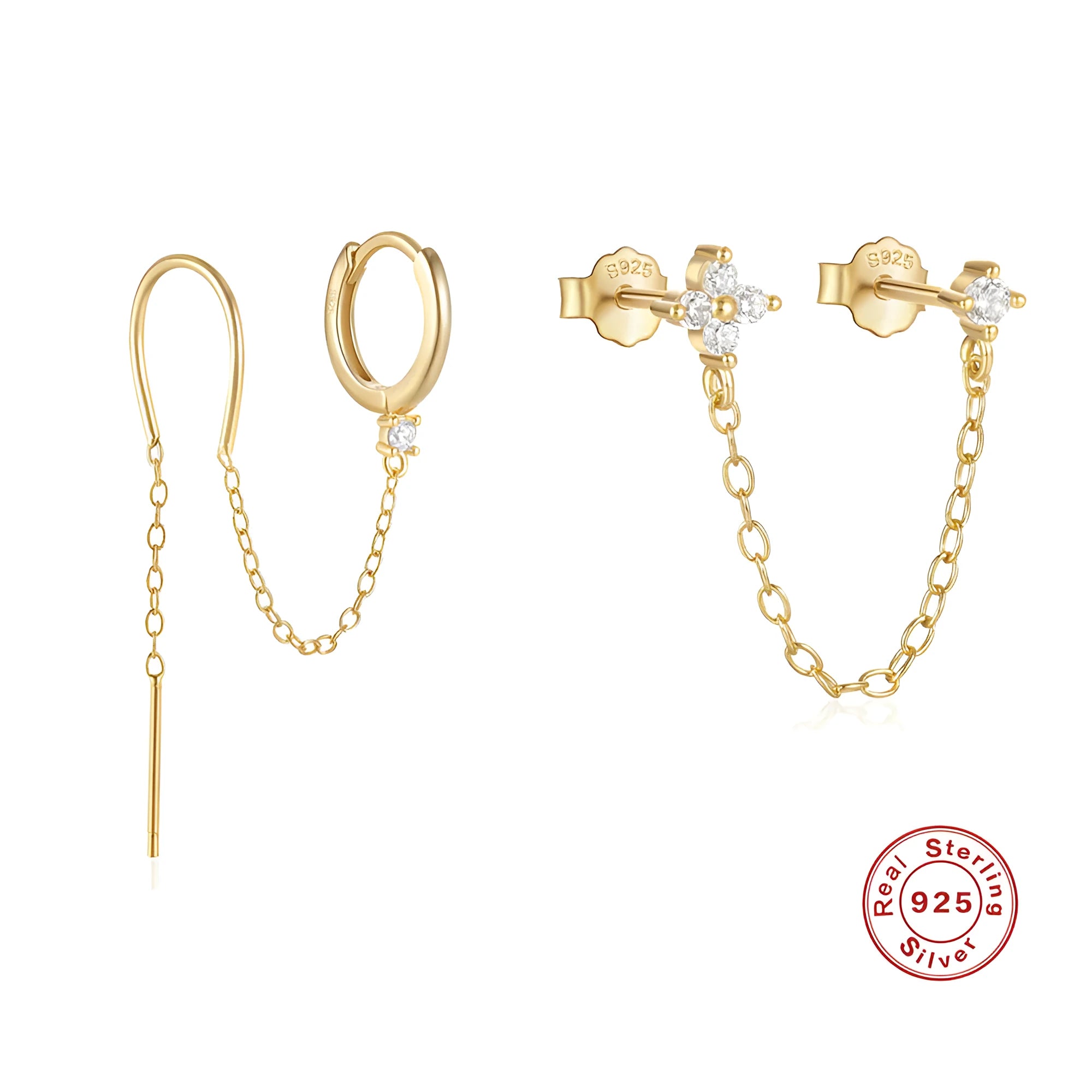 S925 sterling silver geometric stud earrings with diamond, flower, and tassel chain design in a golden colour.