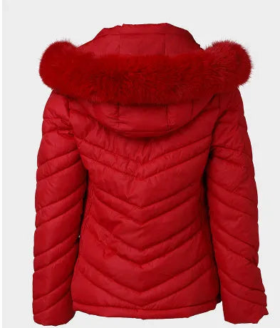 Polyester cotton cinched hoodie with fur collar short jacket in black, long sleeves, commuting style