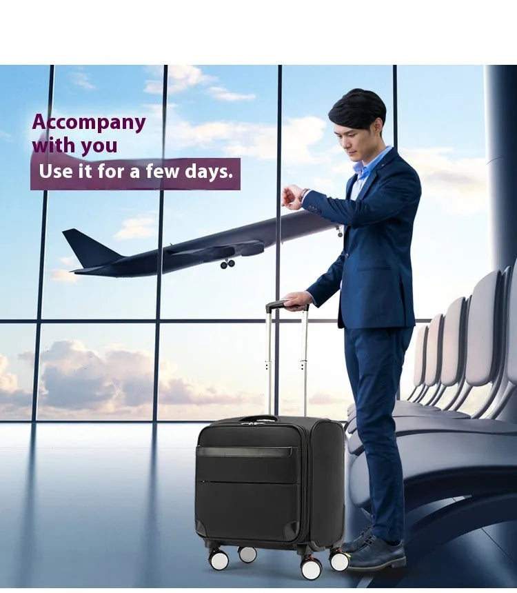 Black 18-inch Oxford cloth carry-on suitcase with retractable handle and four universal wheels.