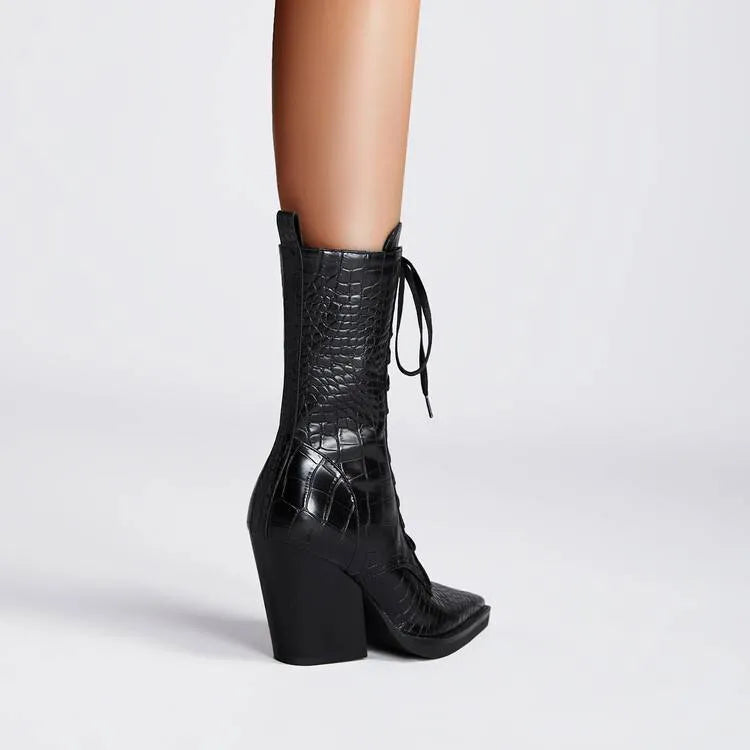 Retro pointed toe women's boots with chunky heel and side zip fastening in dark brown colour