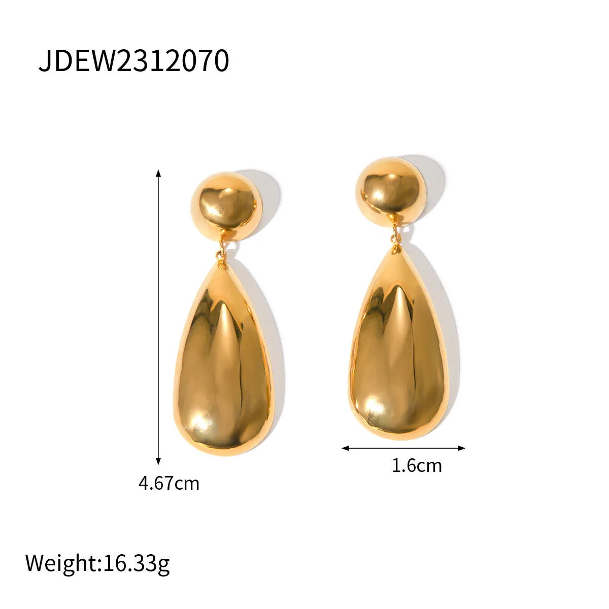 Gold geometric hemisphere water drop pendant earrings made from stainless steel.