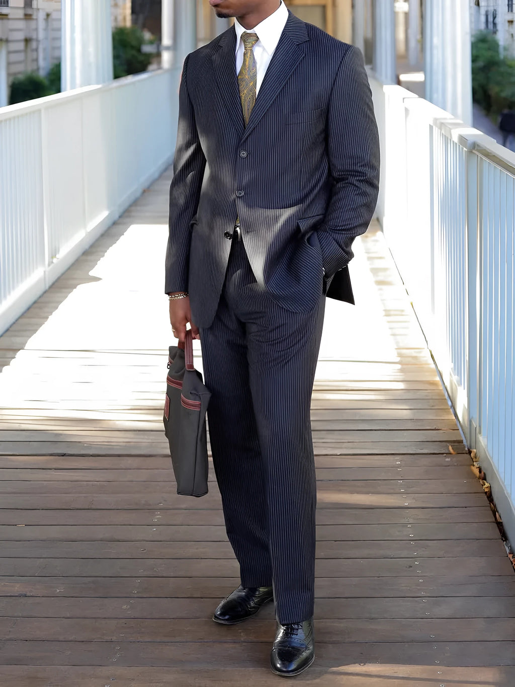 Men's classic striped suit set with regular-length blazer and high waist pants, regular fit, polyester, sizes S to 2XL