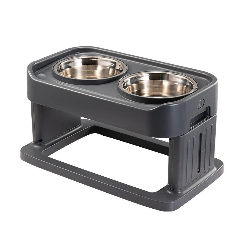 Adjustable elevated pet feeding station with plastic base and two stainless steel bowls in brown colour option
