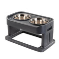 Adjustable elevated pet feeding station with plastic base and two stainless steel bowls in brown colour option