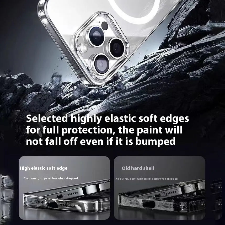 Transparent magnetic phone case for iPhone 15 and 16 with four-corner drop-resistant silicone and frosted finish.