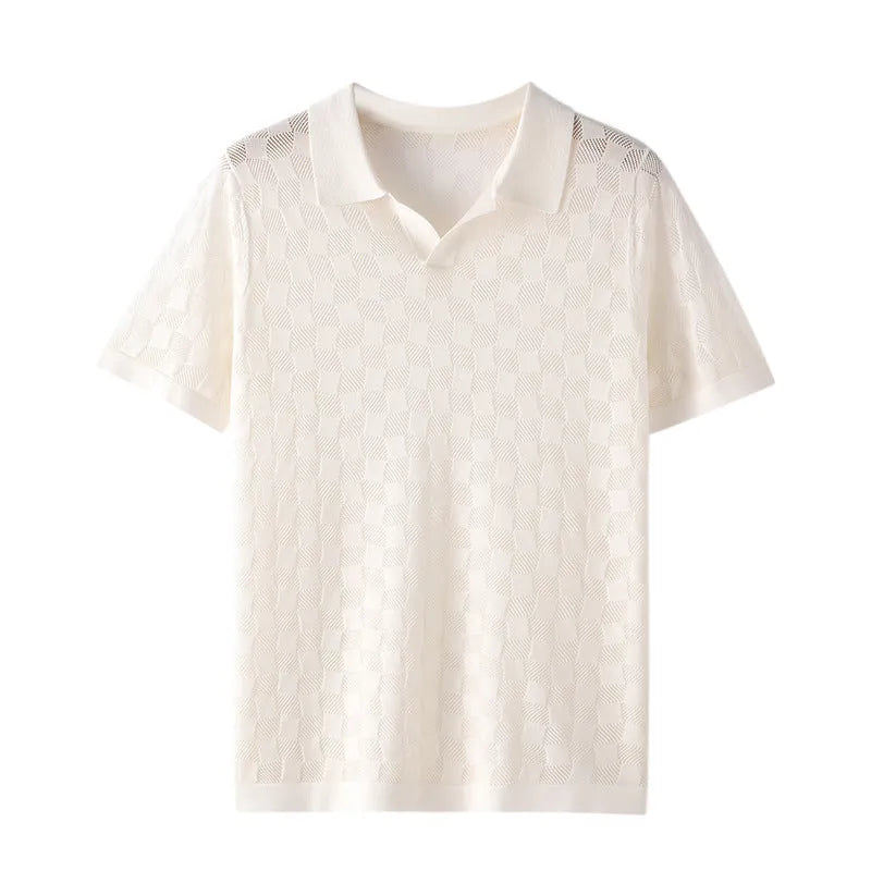Men's mulberry silk short sleeve sweater with lapel collar in a solid colour, showing business casual style.