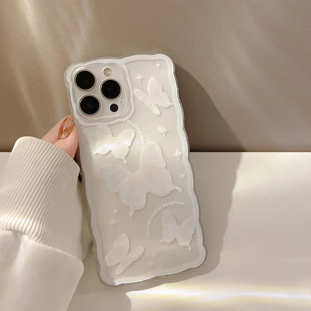 Simple butterfly transparent TPU phone case for iPhone 12-15, white crystal butterfly design