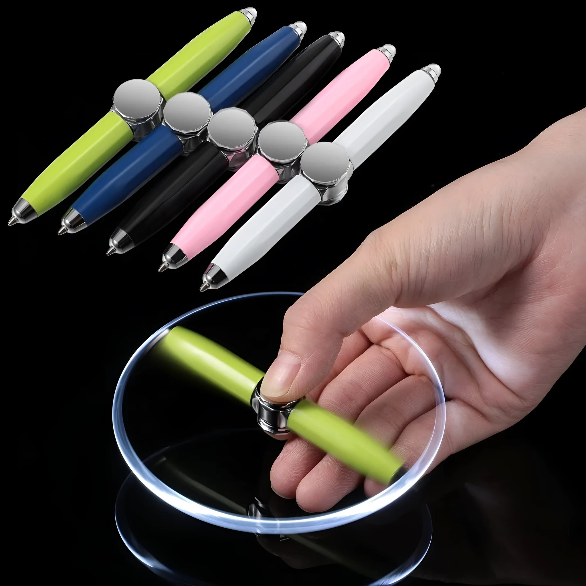 Metal LED spinning decompression gyro ballpoint pen showing 12 refill colour options