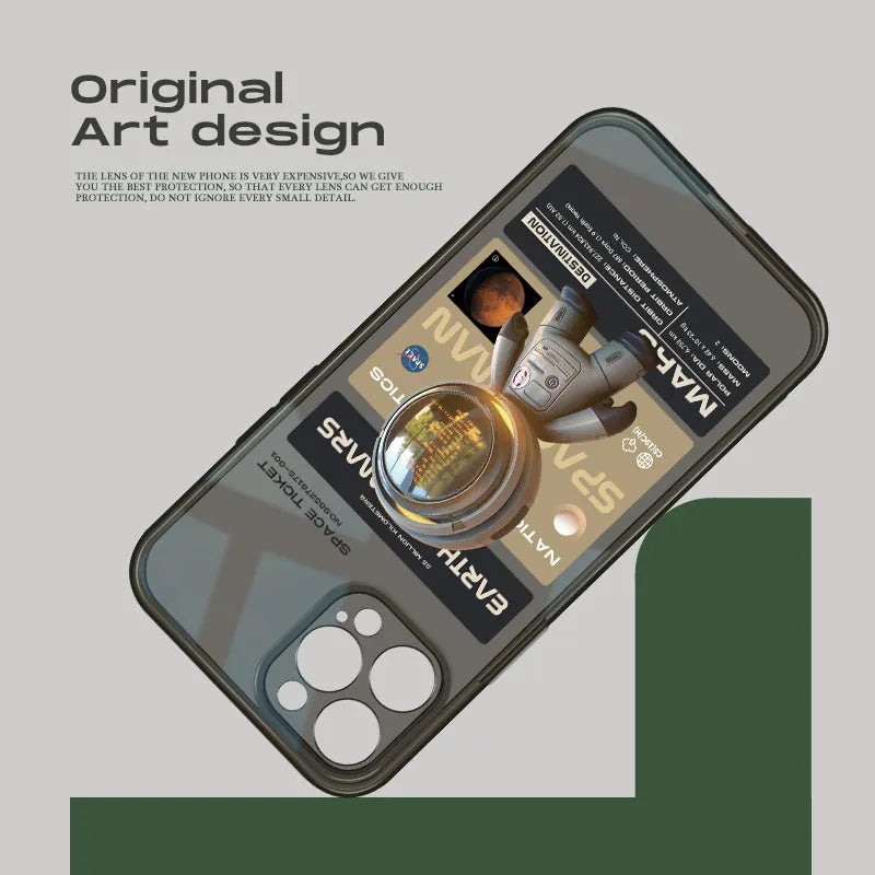 Black soft TPU iPhone case showing Mars Ticket graphic design, fitting an iPhone model.