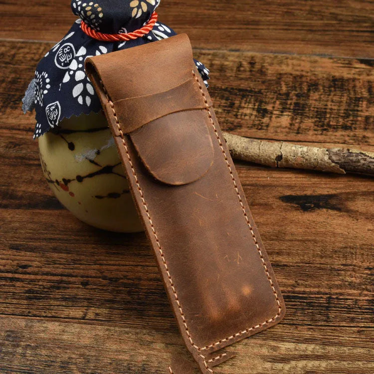 Square vintage leather pencil case showing retro crazy horse texture and 16cm by 6cm dimensions