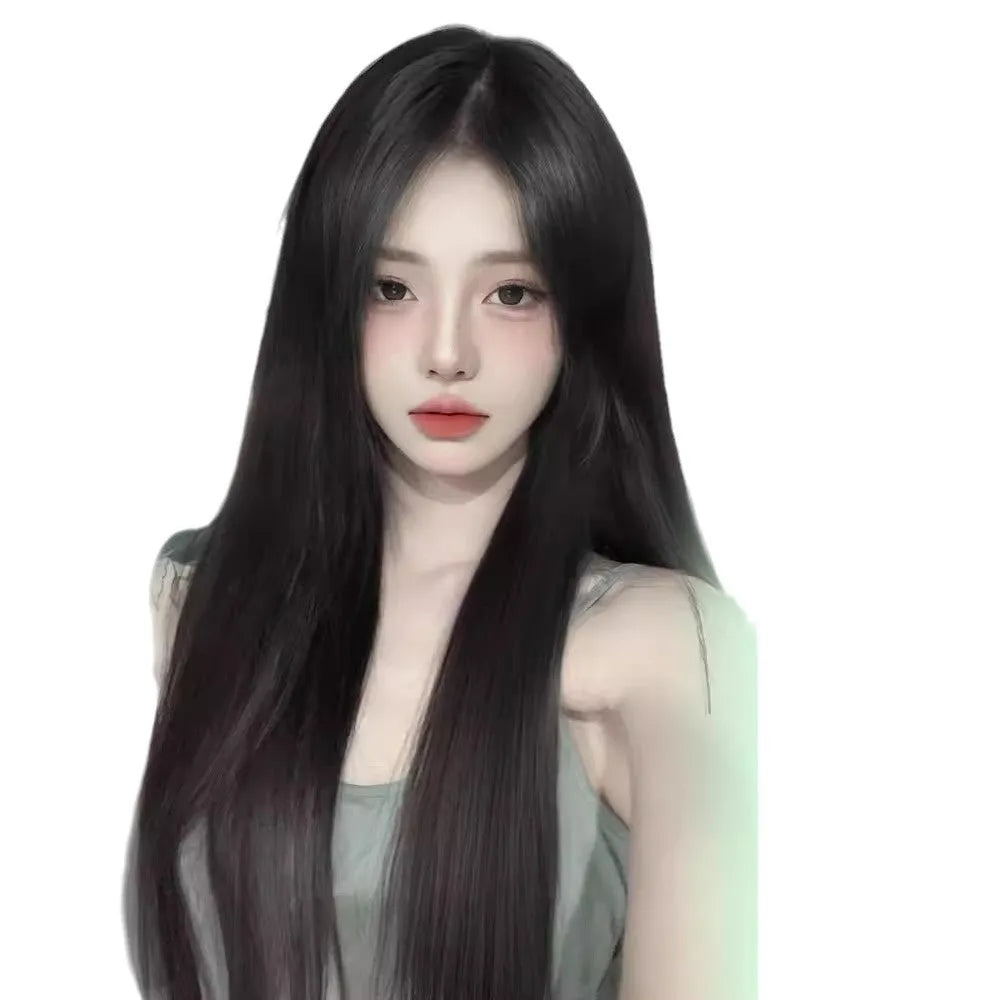 Female full-head wig with forehead lace construction in brown black synthetic high-temperature fibre