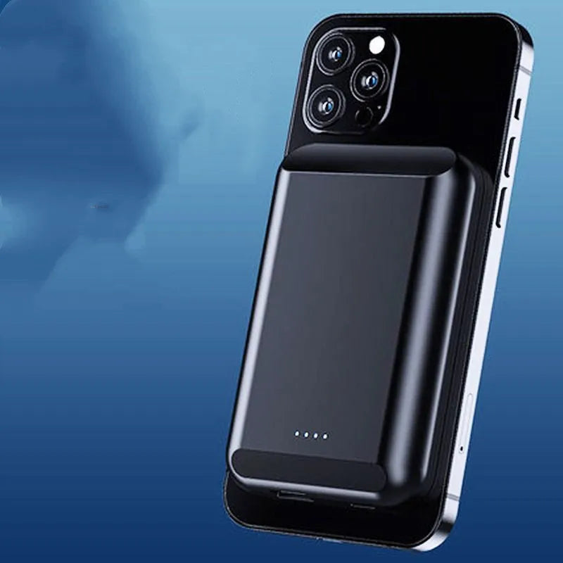 Magnetic wireless power bank showing five colour options: black, blue, green, pink, and white