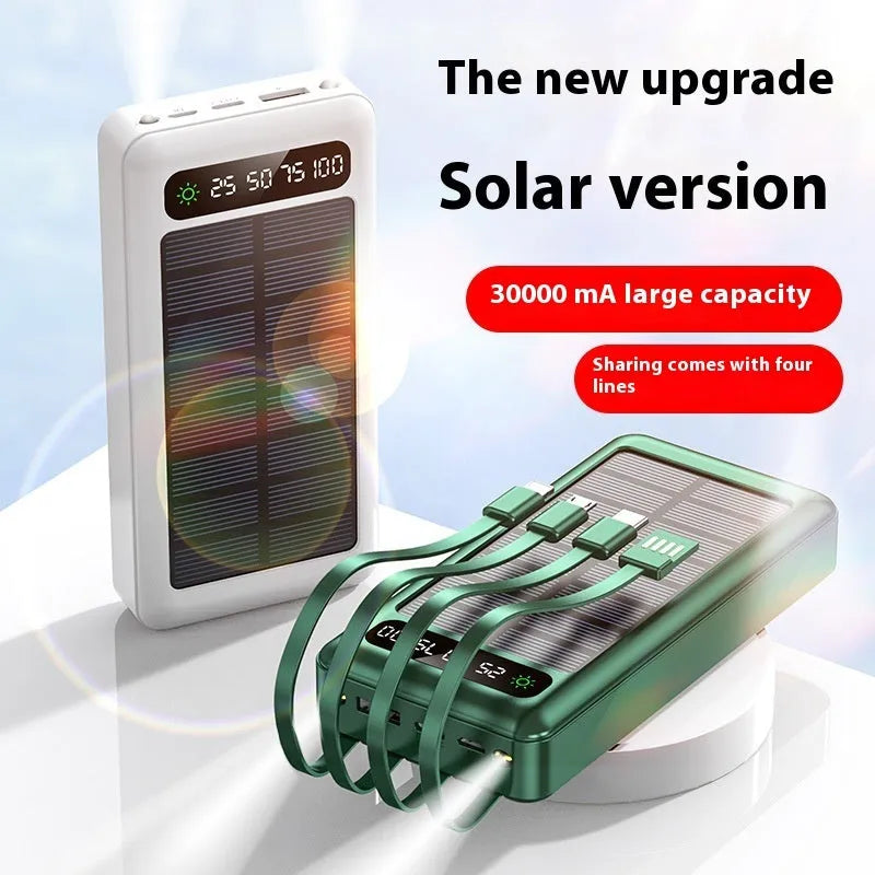 30000 mAh solar power bank with cable in black, white, or green plastic casing