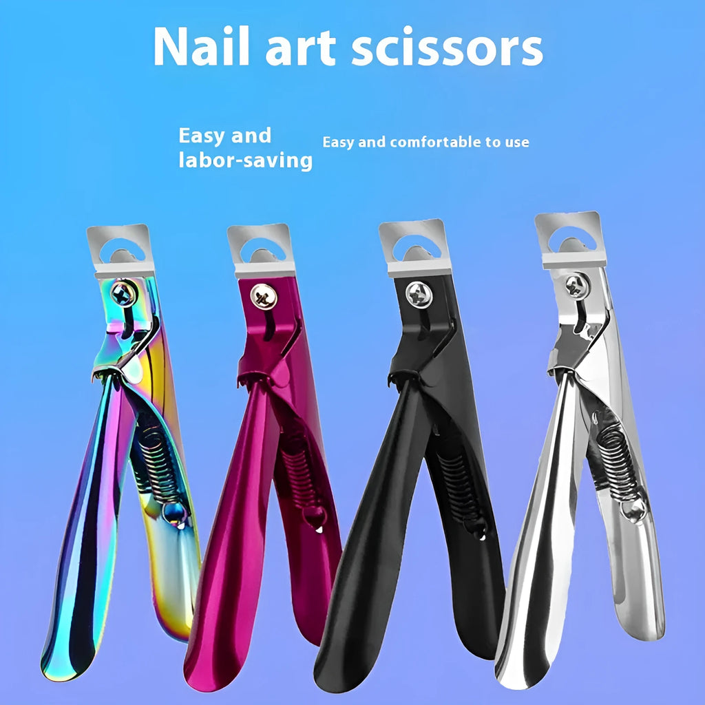 Close-up of stainless steel U-shaped nail art scissors with an electrophoretic black finish.