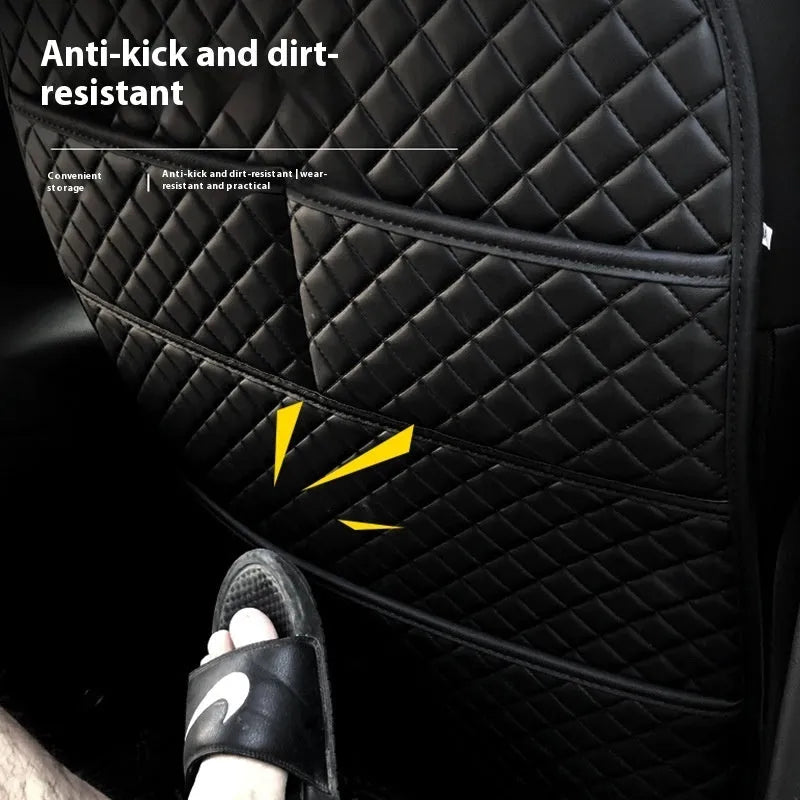 Leather seat anti-kick pad storage bag in black, protecting car seat back from kids' feet.