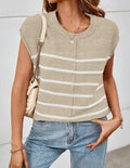 Women's striped sleeveless pullover vest top in apricot colour with bone stitching detail.