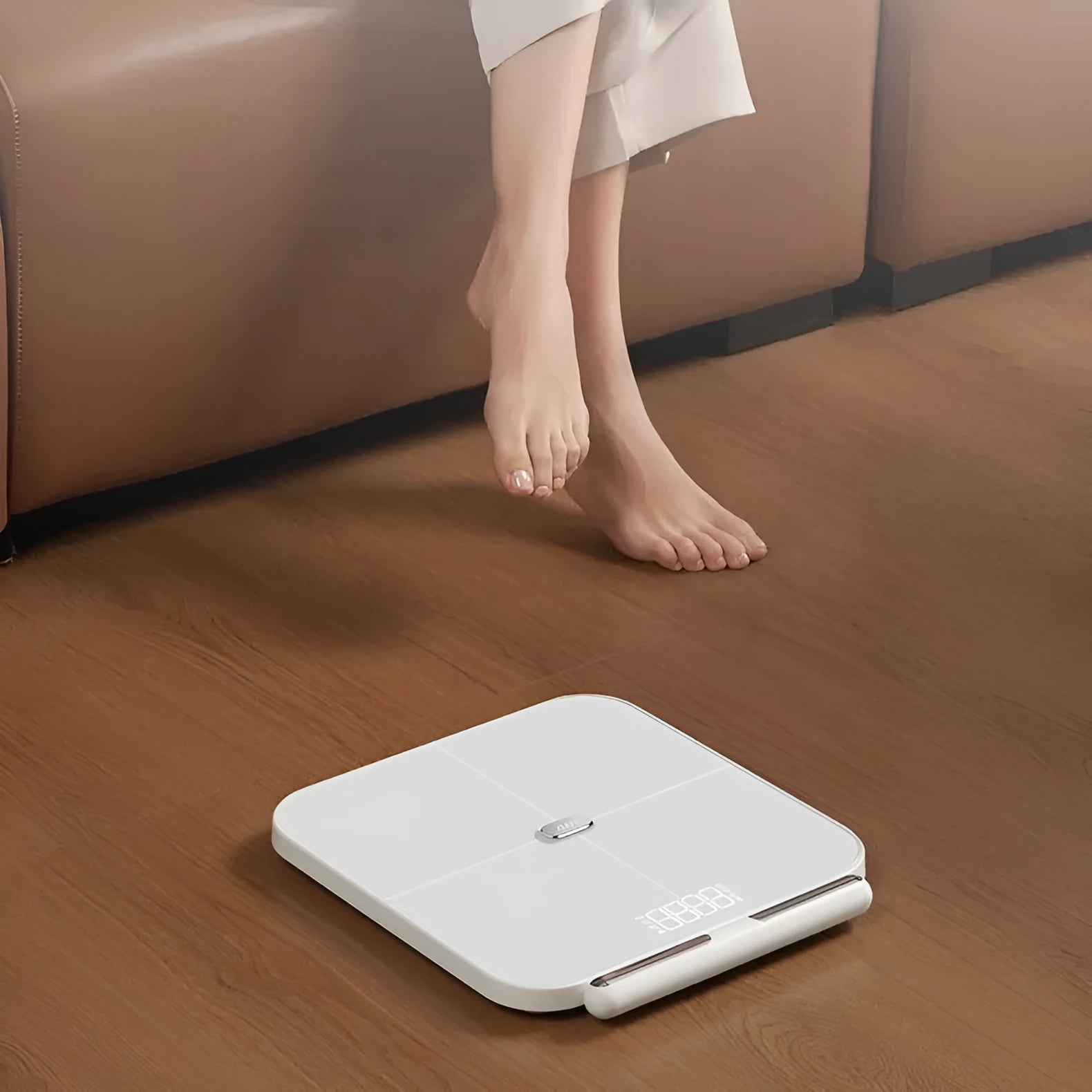 White smart body fat scale with 8 silver electrodes and LED display on tempered glass.