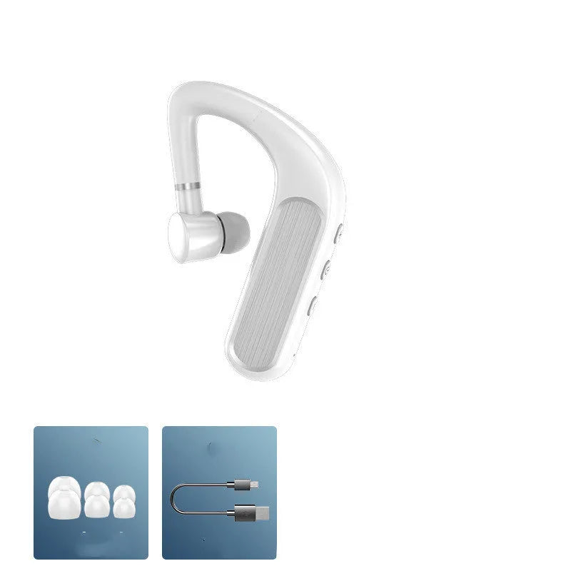 Black Bluetooth hanging-ear earphones for sports, shown with charging case and spare ear caps.