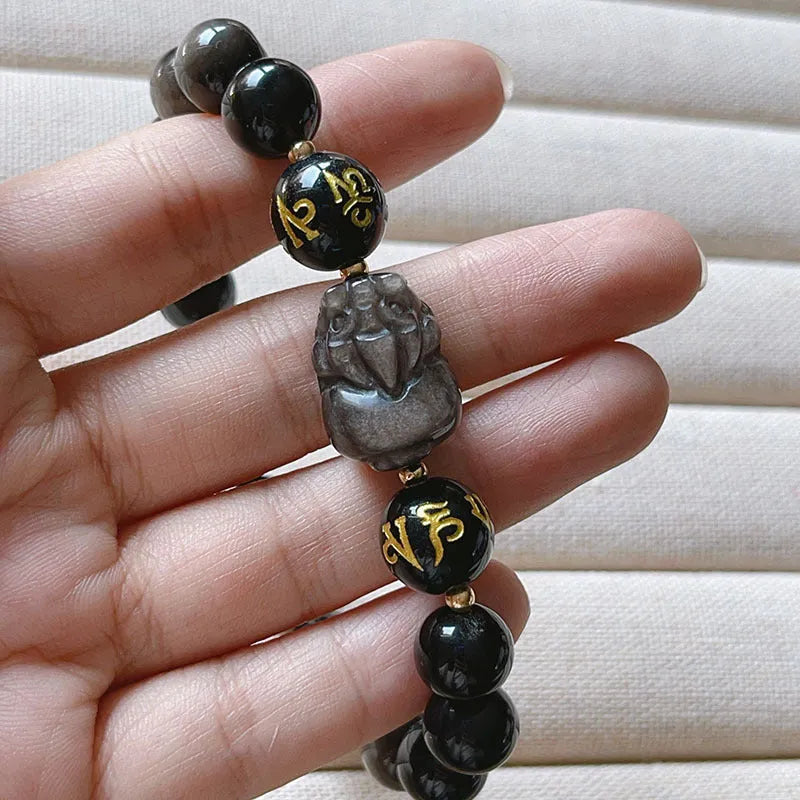 Natural silver stone men's bracelet with hand-knotted beads featuring zodiac symbols and Chinese proverbs