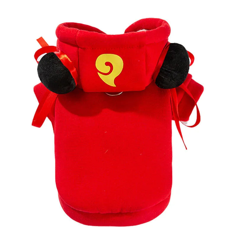 Red Nezha style pet hoodie with black meatball decorations and yellow badge on a small dog