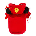 Red Nezha style pet hoodie with black meatball decorations and yellow badge on a small dog