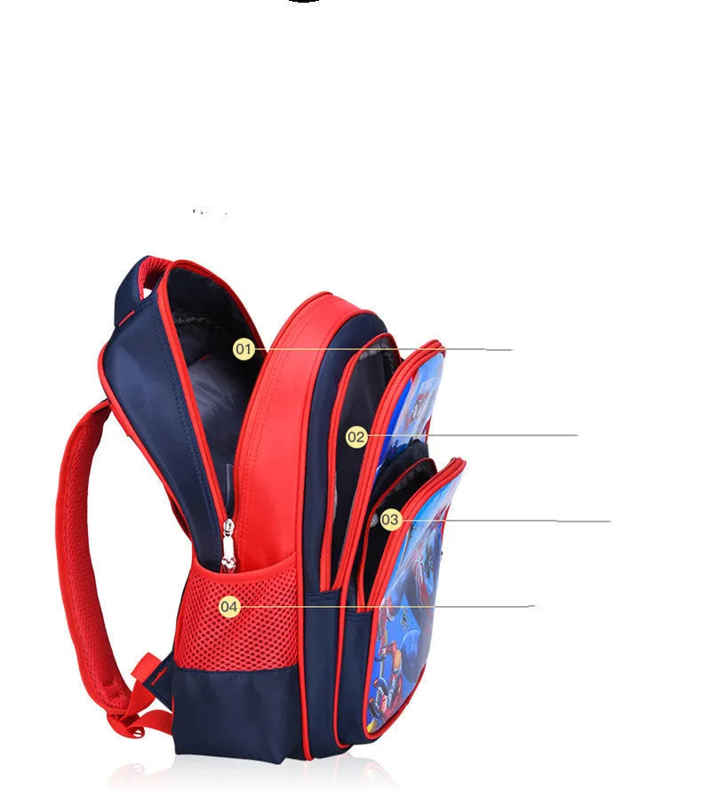 Blue nylon school backpack with cartoon print, shown with a pencil case