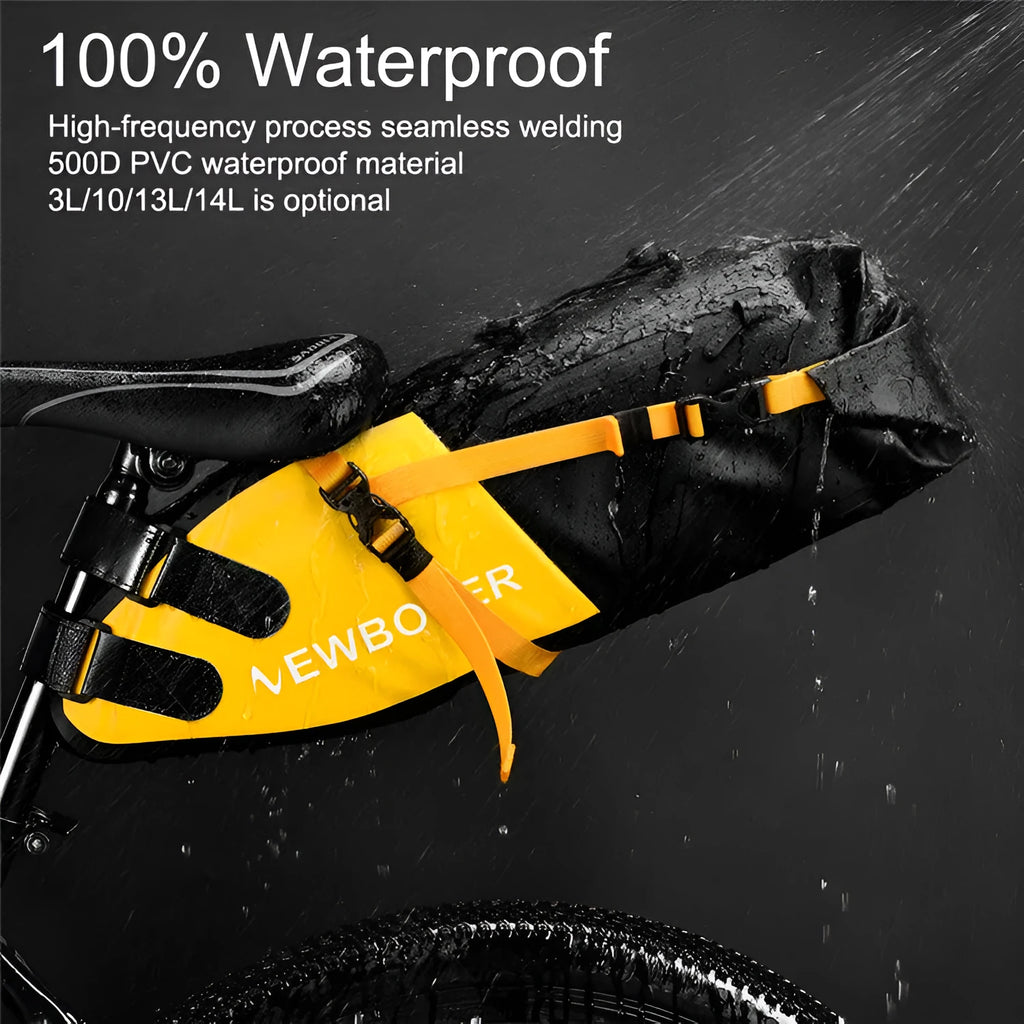 Yellow waterproof PVC bicycle tail bag mounted behind bike saddle, showing 13-litre capacity and quick-release bracket.