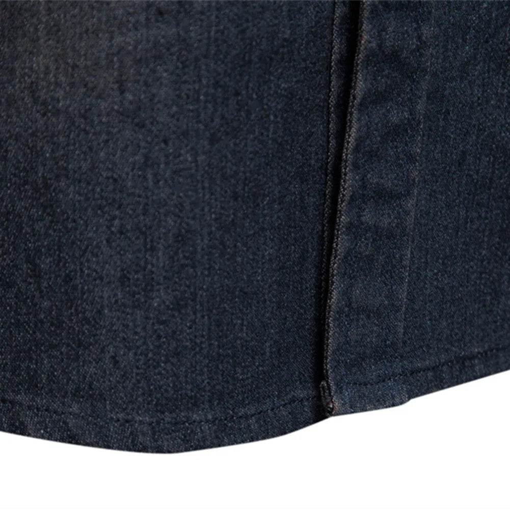 Men's slim fit long-sleeved denim shirt in solid colour with button-up front.