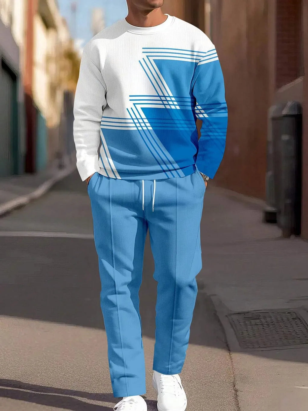 Men's 3D digital print sweatshirt and sweatpants set, long sleeve round neck top with full-length pants, polyester, S-6XL