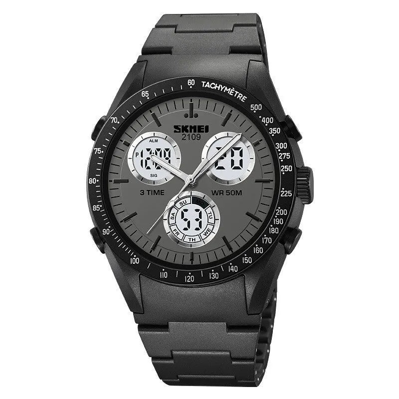 Electronic casual watch with digital display on a camouflage TPU strap, showing time and date.