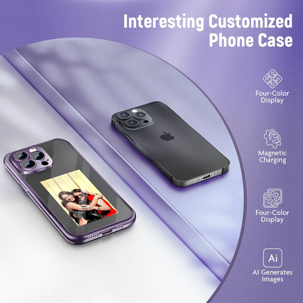 Black iPhone 15 Pro Max flip phone case showing NFC chip and custom ink screen on cover.