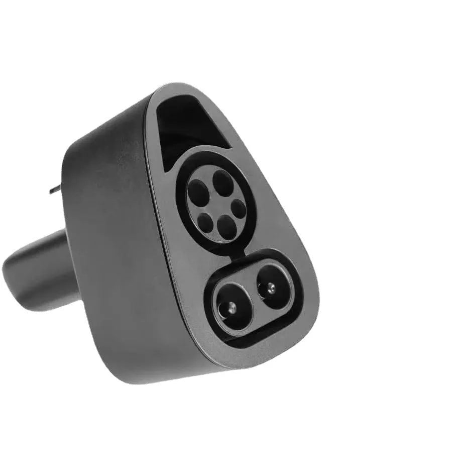 Black Tesla charging plug conversion adapter with American Standard connector, showing dimensions.