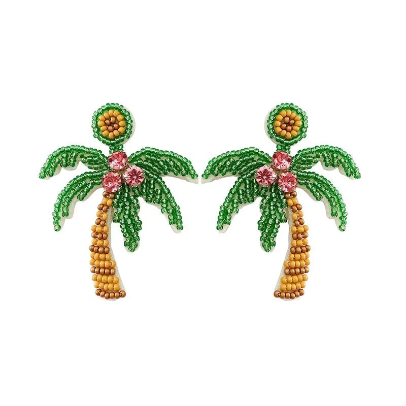 Green handmade beaded ring earrings with fruit-shaped glass and coloured glaze beads on alloy fittings